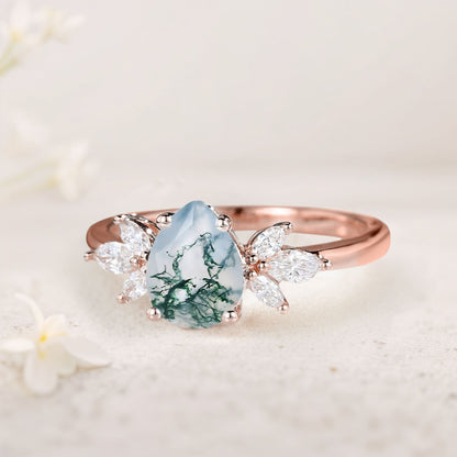 Unique Pear Moss Agate Engagement Ring Simple Cluster Bridal Ring