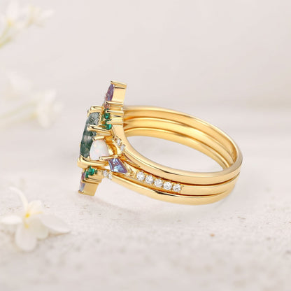 Unique floral engagement rings Long Hexagon Moss Agate Engagement Ring Set with Opal, Alexandrite, Emerald Accents