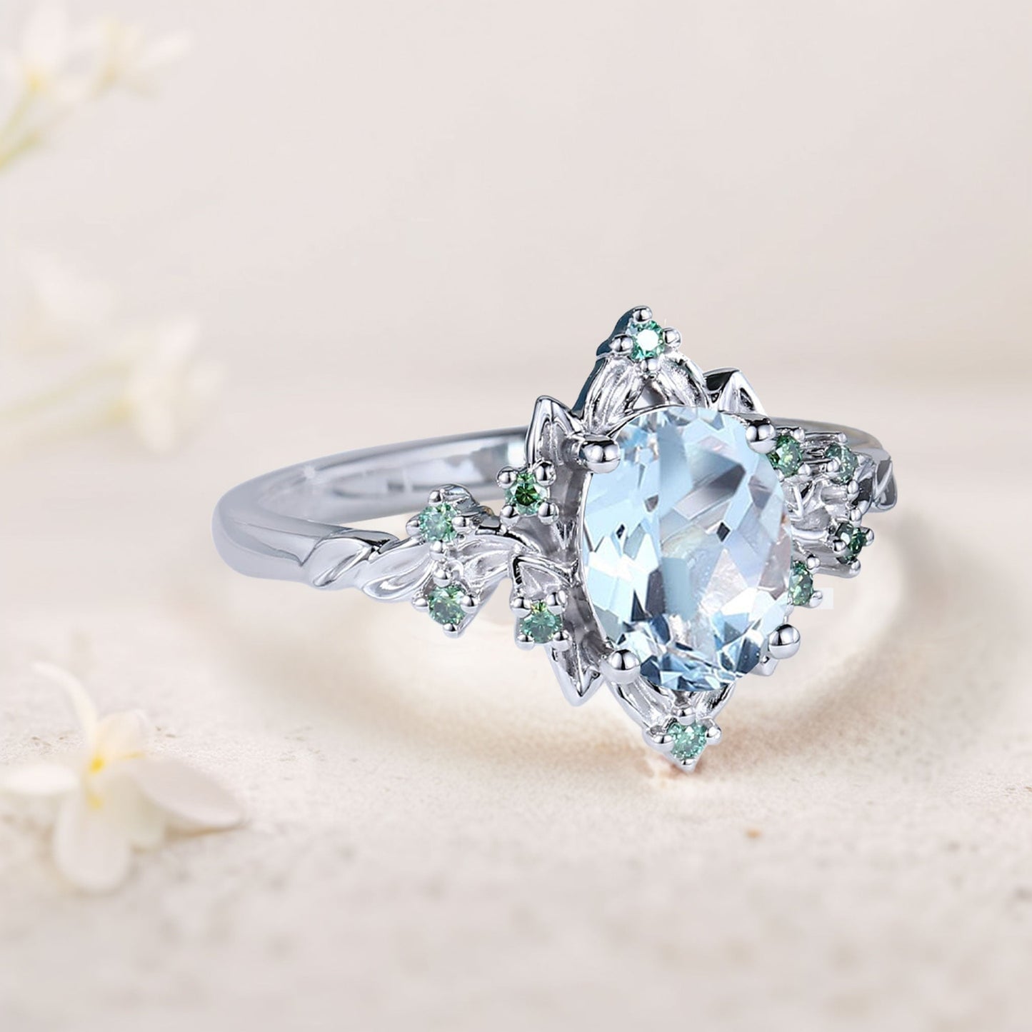 Vintage Briar Rose Oval Lab Aquamarine Engagement Ring Olive Leaves Ring