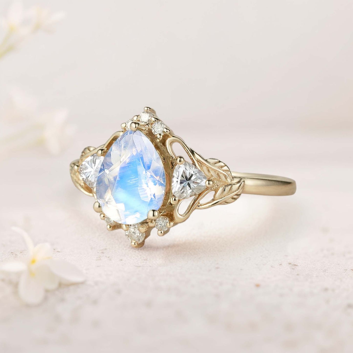 Unique Pear Lab Moonstone and Moissanite side stones Leaf Ring Engagement Ring