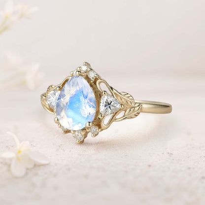 Unique Pear Lab Moonstone and Moissanite side stones Leaf Ring Engagement Ring