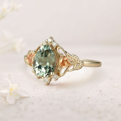 Vintage Pear Green Lab Sapphire Leaf Ring