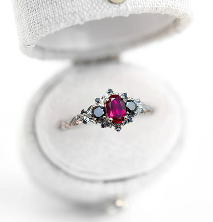 Unique Floral Rose Three Stone Oval Lab Ruby and Black onyx Ring