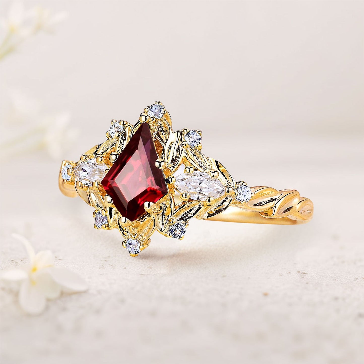 Unique Unique Kite Lab Ruby Floral Engagement Ring Sapphire Halo Women Leaf Wedding Ring