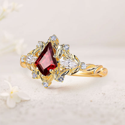 Unique Unique Kite Lab Ruby Floral Engagement Ring Sapphire Halo Women Leaf Wedding Ring