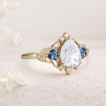Unique Pear Moissanite and Lab Alexandrite Leaf Ring Engagement Ring