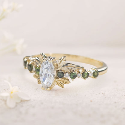 Unique floral engagement rings Marquise Moissanite and tourmalines engagement ring