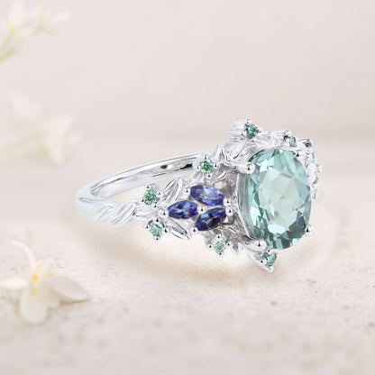 Unique Starlight Oval Green Lab Sapphire and Blue Sapphire Engagement Ring