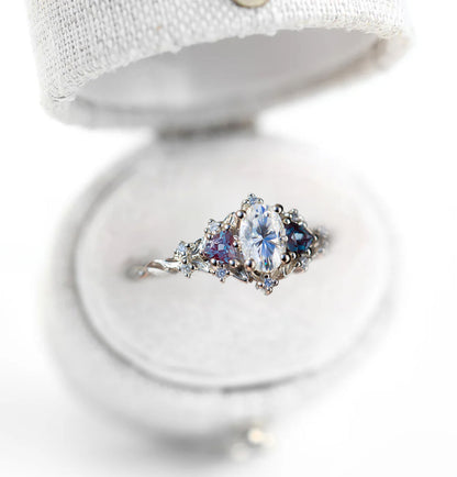 Unique Floral Rose Three Stone Oval Moissanite and Lab Alexandrite Wedding Ring