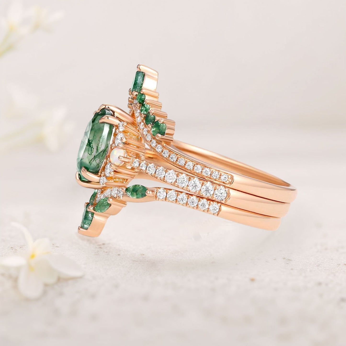 Unique floral engagement rings Oval Moss Agate and Opal Engagement Ring Set