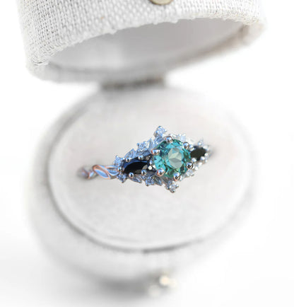 Unique Floral Rose Round Lab Green Sapphire and Black Moissanite Ring