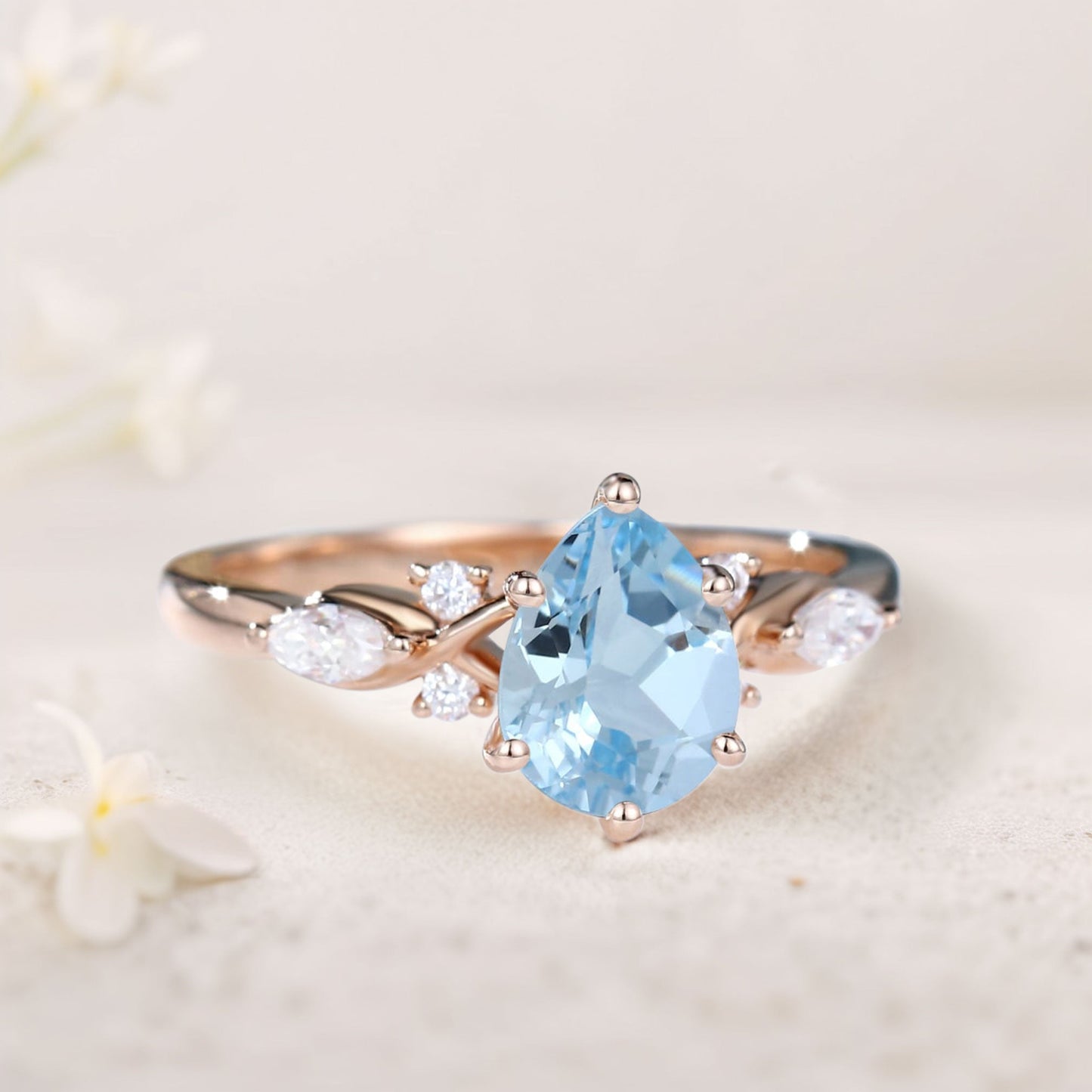Vintage Pear Lab Aquamarine and Moissanite Split Shank Engagement Ring