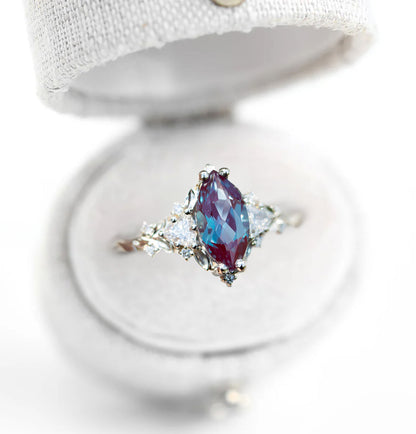 Unique Floral Rose Three Stone Marquise Lab Alexandrite Ring