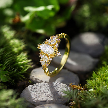 Unique Briar Rose Starlight Marquise Moissanite and Pink Lab Sapphire Ring