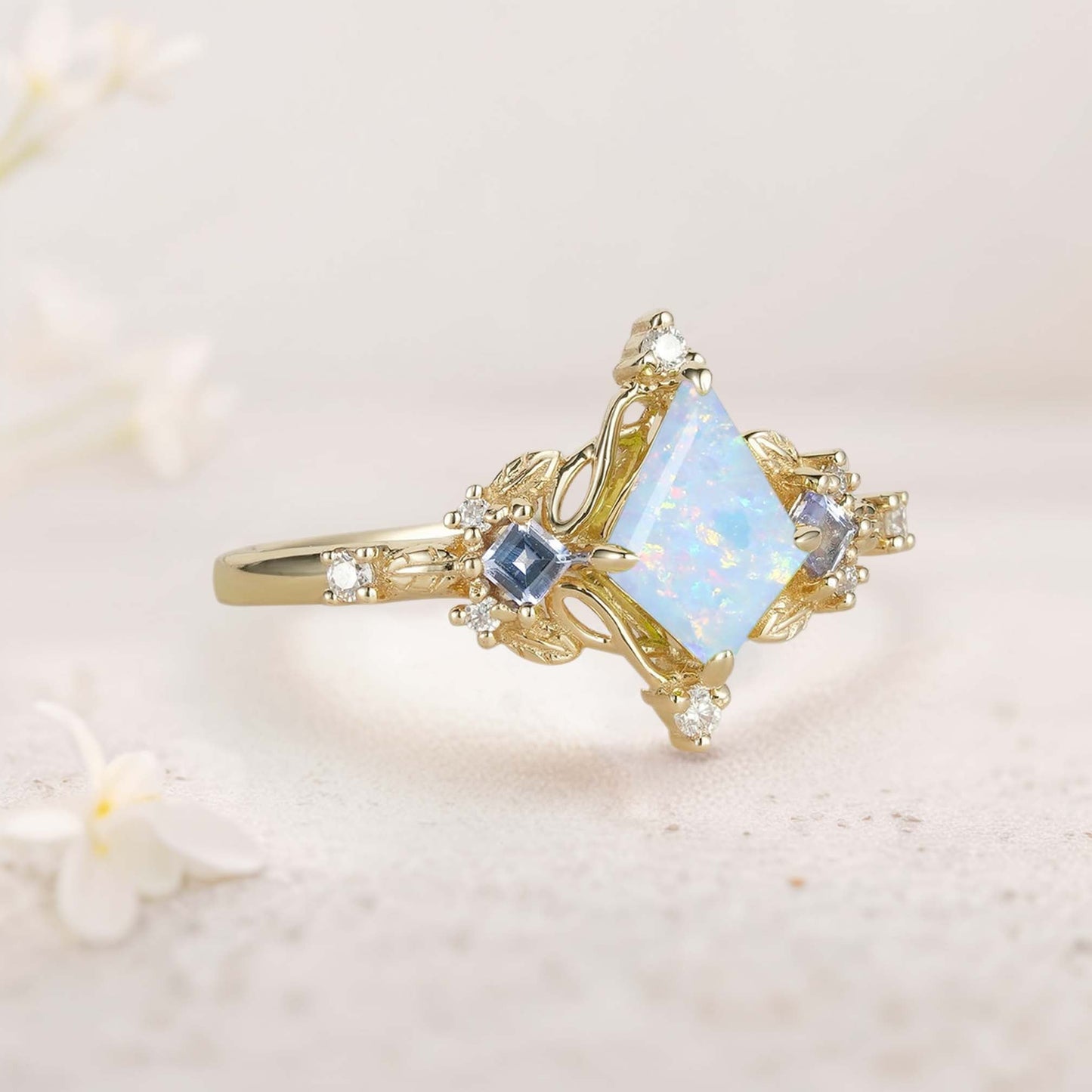 Unique Kite Three Stone Lab Opal Leaf Ring