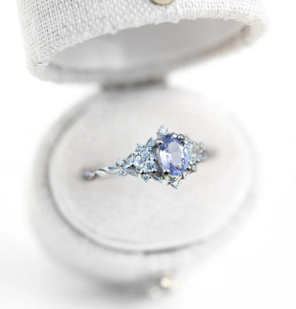 Unique Floral Rose Three Stone Oval Lab Lavender Sapphire Ring