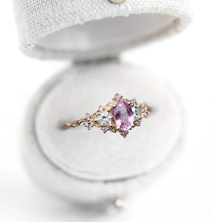 Unique Floral Rose Oval Lab Pink Padparadscha Ring