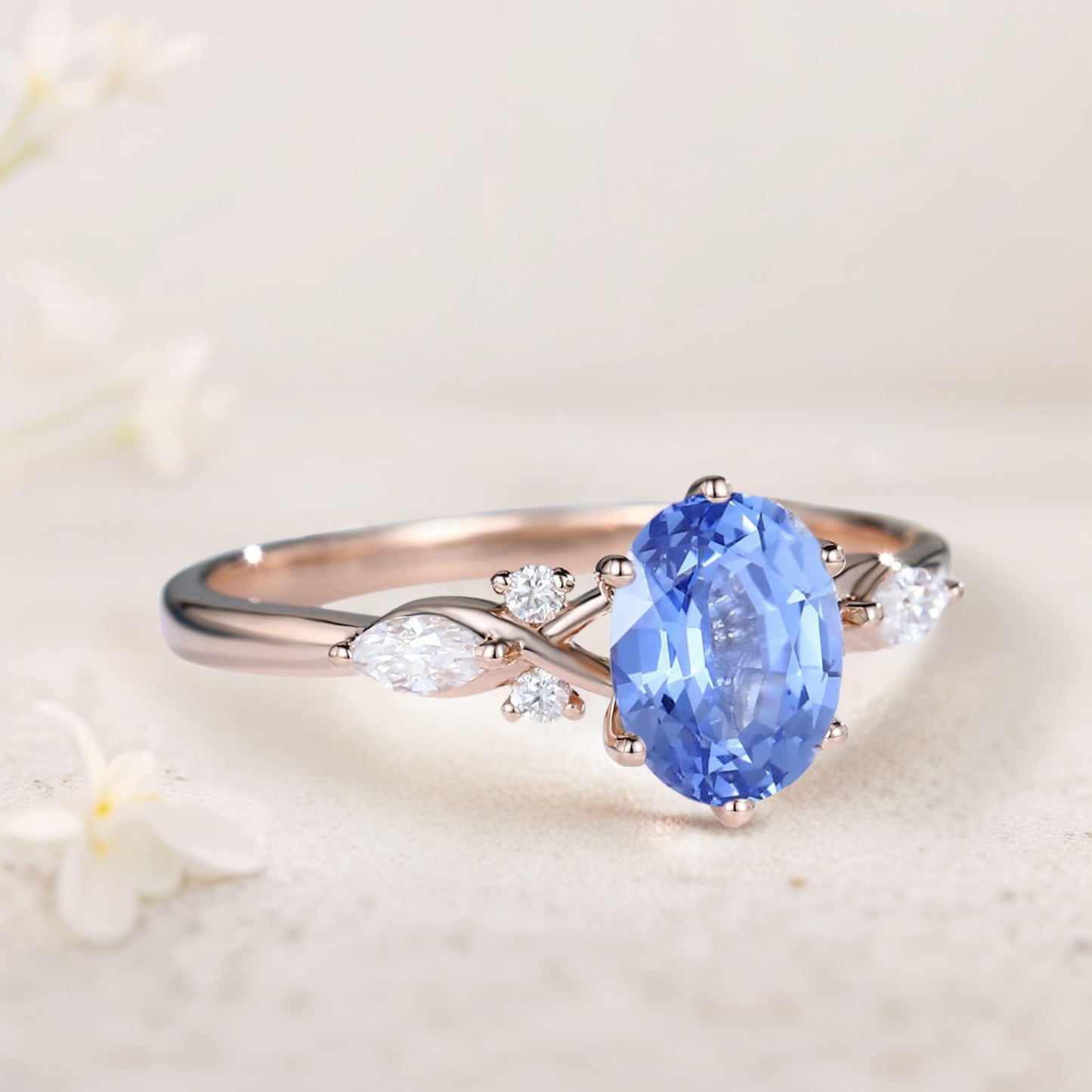 Vintage Oval Lab Sapphire and Moissanite Engagement Ring