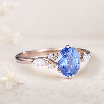 Vintage Oval Lab Sapphire and Moissanite Engagement Ring