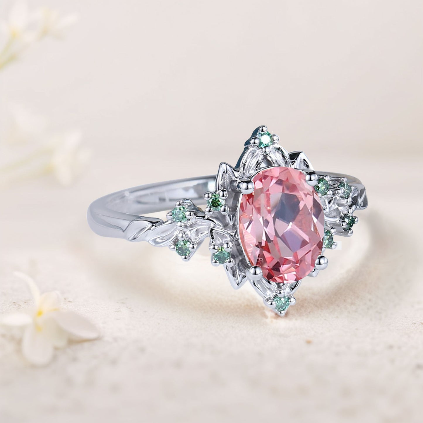 Vintage Briar Rose Oval Pink Lab Padparadscha Engagement Ring Olive Leaves Ring