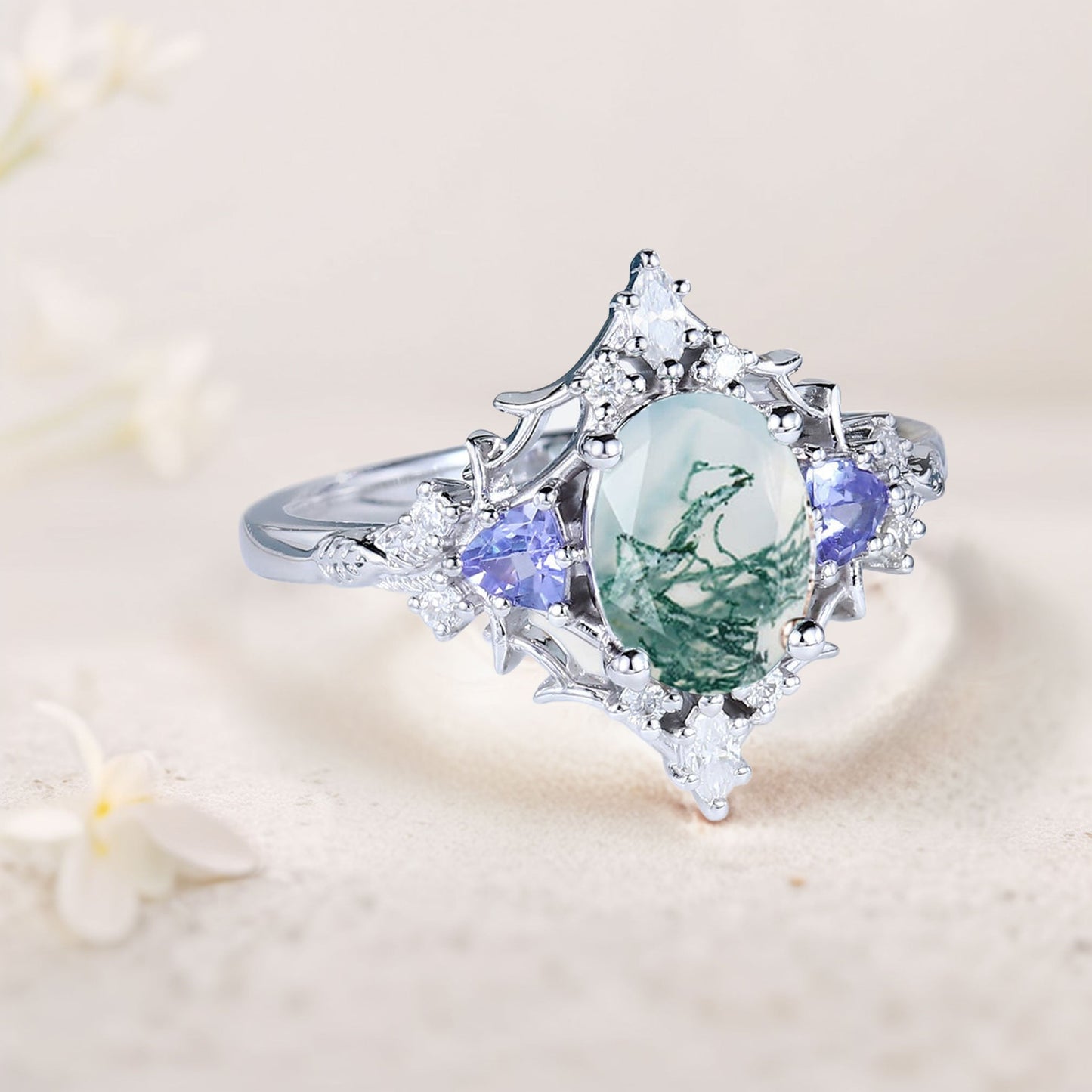 Vintage Briar Rose Oval Moss Agate Engagement Ring Filigree Ring