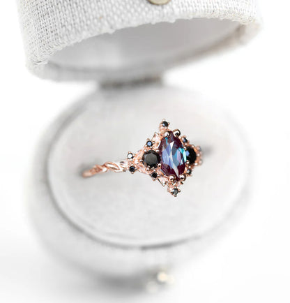 Unique Floral Rose Marquise Lab Alexandrite and Black Moissanite Ring