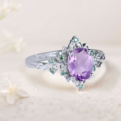 Vintage Briar Rose Halo Oval Amethyst Engagement Ring Olive Leaves Ring