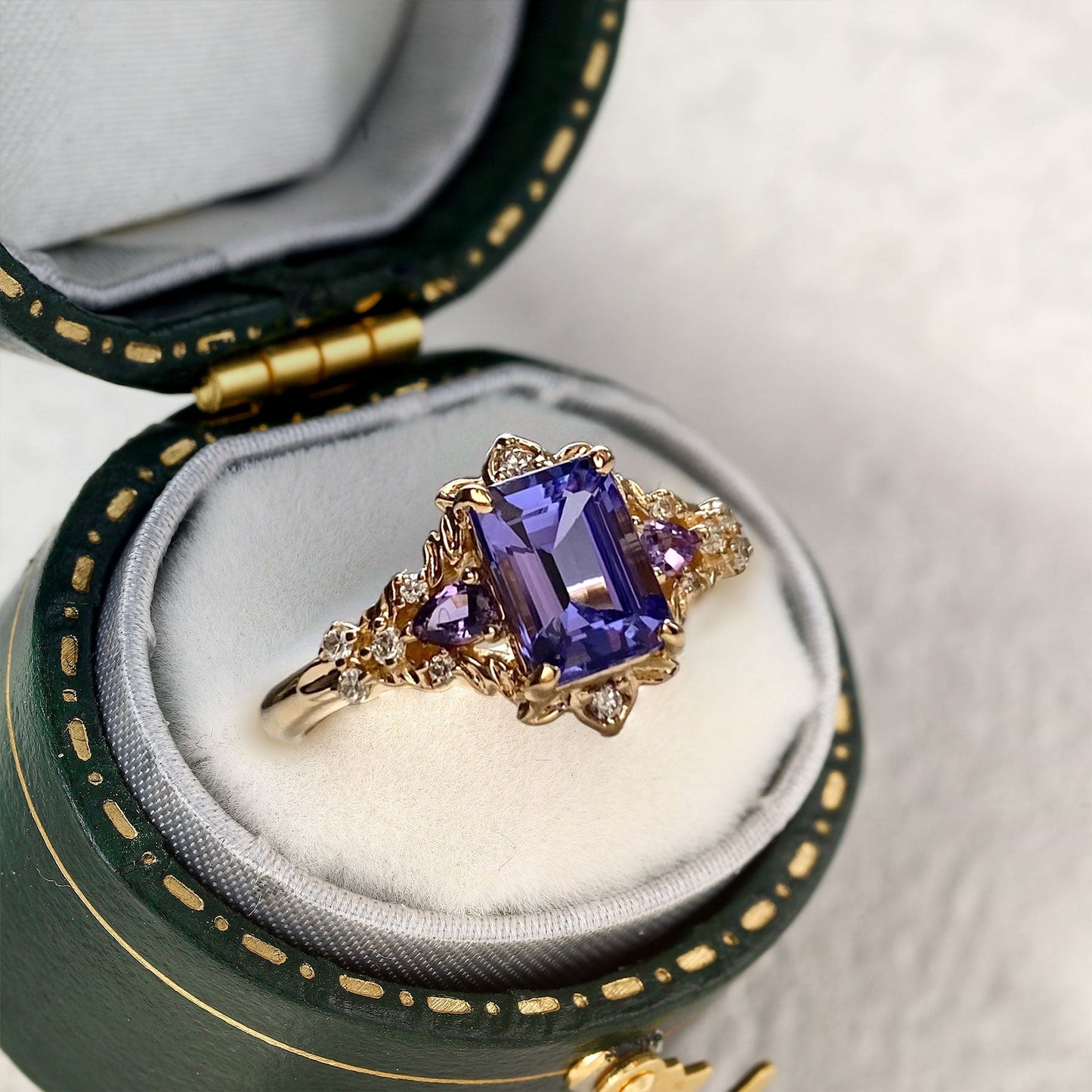 Vintage Emerald Cut Lab Tanzanite Engagement Ring Flower Wedding Ring