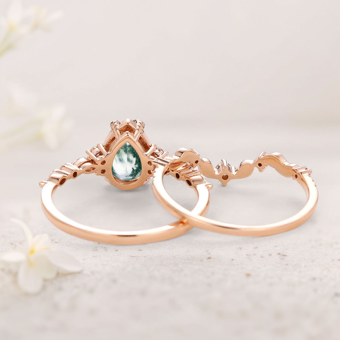 Vintage floral engagement rings Pear Moss Agate Leafy Engagement Ring Set