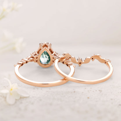 Vintage floral engagement rings Pear Moss Agate Leafy Engagement Ring Set