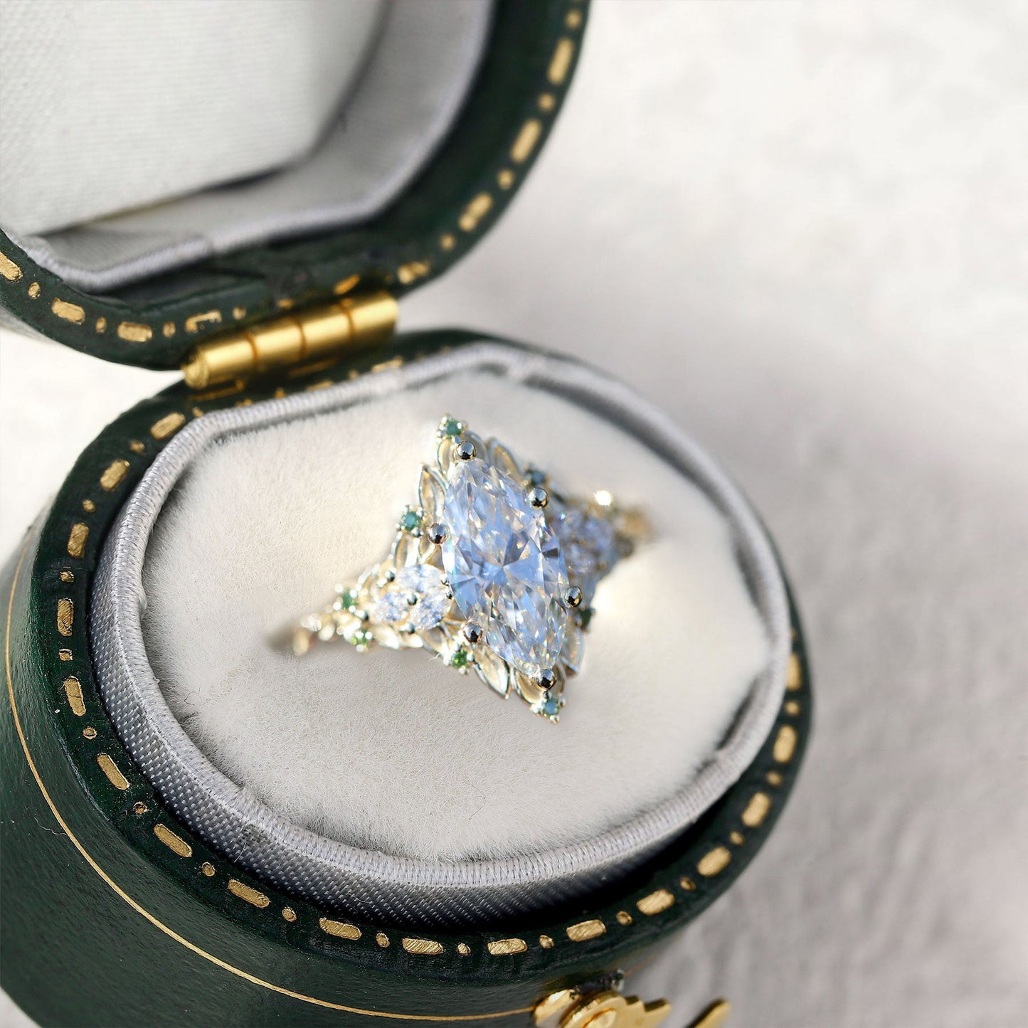 Unique Briar Rose Starlight Marquise Moissanite and Green Lab Sapphire Ring