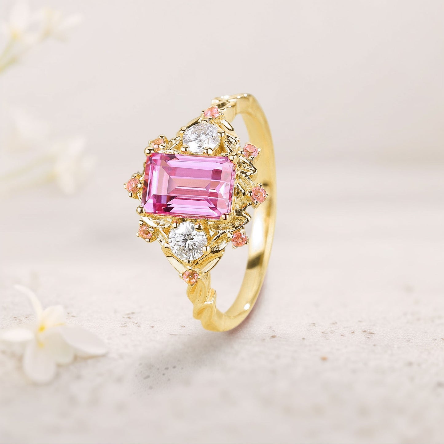 Unique floral engagement rings Emerald Cut Lab Padparadscha Engagement Ring Leaf Design Padparadscha Cluster Wedding Ring