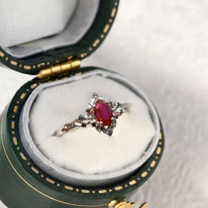 Unique Briar Rose Halo Oval Lab Ruby Ring