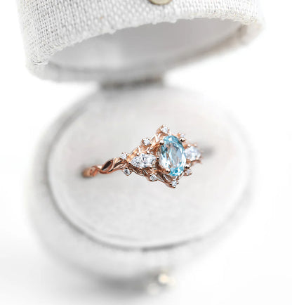 Unique Floral Rose Three Stone Oval Ring