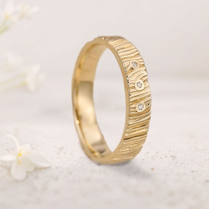 Unique floral engagement rings Wood textured wedding ring with gemstones For Men