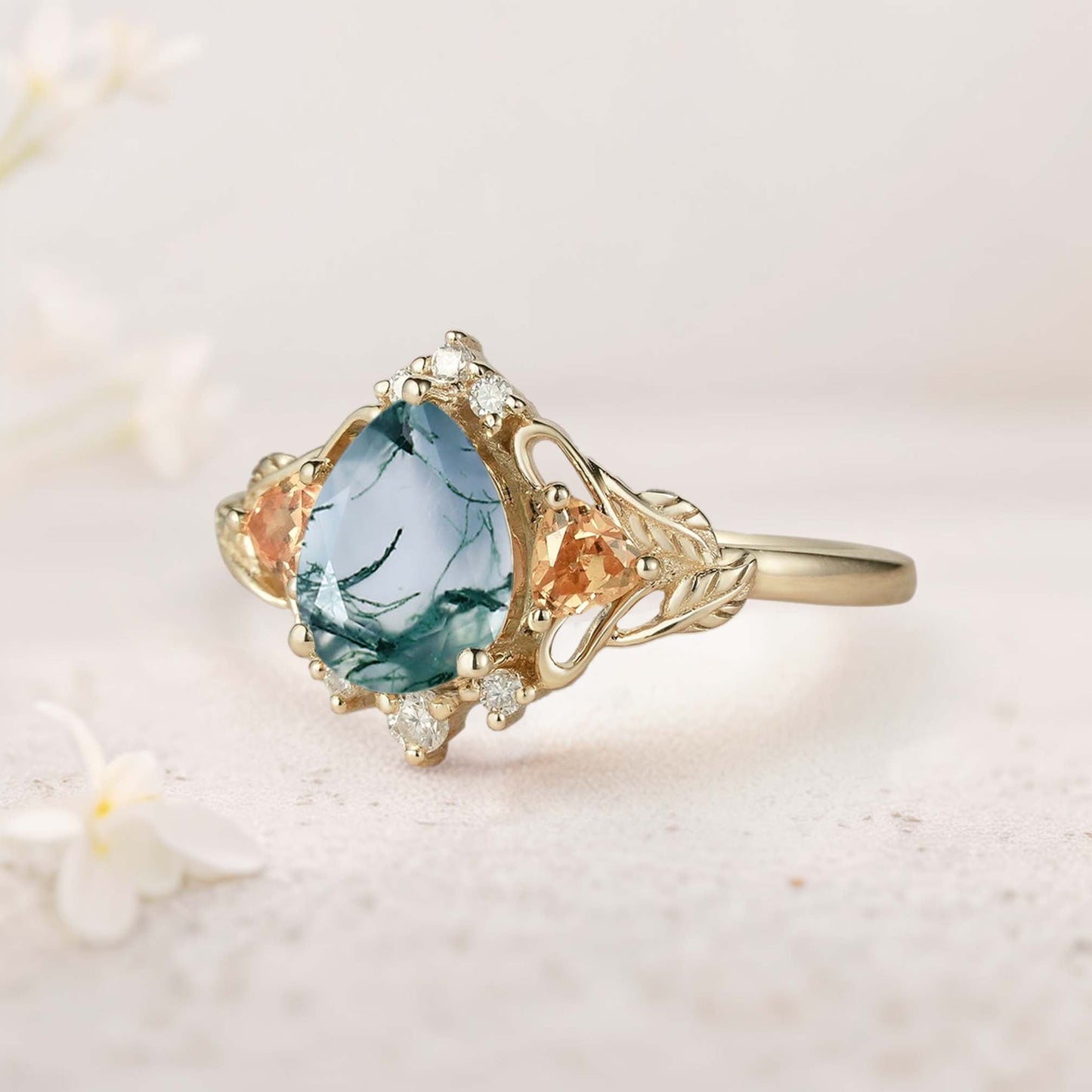 Unique Pear Moss Agate Leaf Ring Engagement Ring