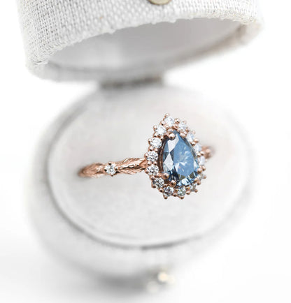 Unique Halo Leaf Pear Blue Grey Moissanite Ring