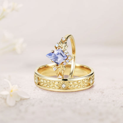 Vintage Kite Lab Sapphire Promise Ring Engagement Ring Set for Couples