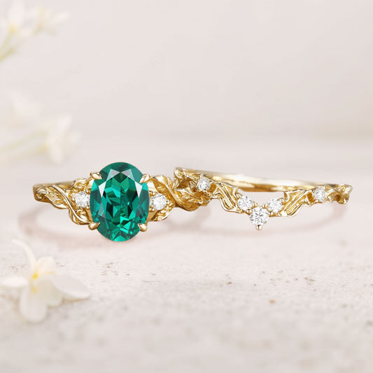 Unique floral engagement rings Oval Lab Emerald Leaf Branch Engagement Ring Set