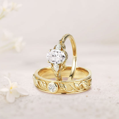 Unique Leaf Design Oval Moissanite Wedding Ring Promise Ring for Couples