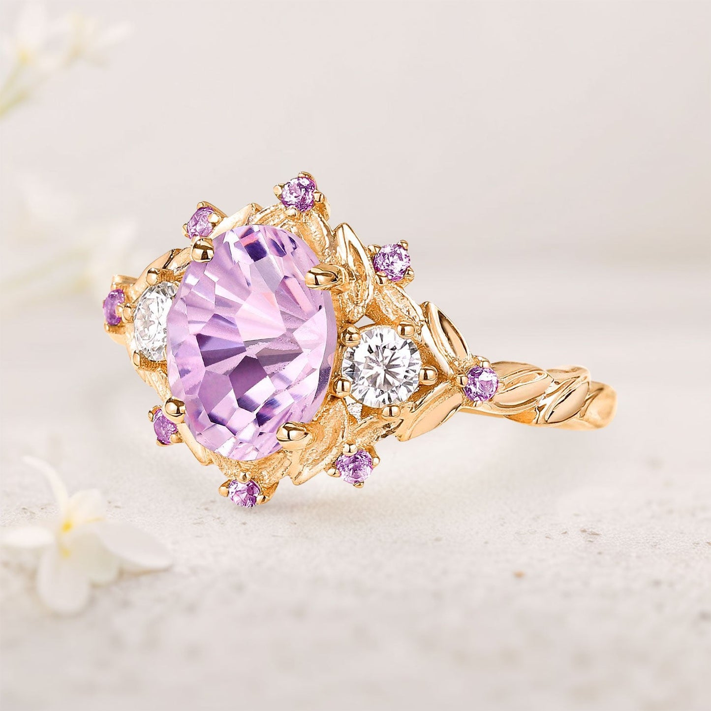 Unique Natural Firework Cut Amethyst Leaf Engagement Ring Dainty Amethyst Flower Cluster Wedding Ring Promise Ring For Her