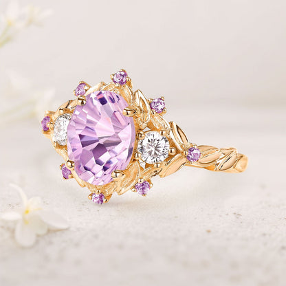 Unique Natural Firework Cut Amethyst Leaf Engagement Ring Dainty Amethyst Flower Cluster Wedding Ring Promise Ring For Her