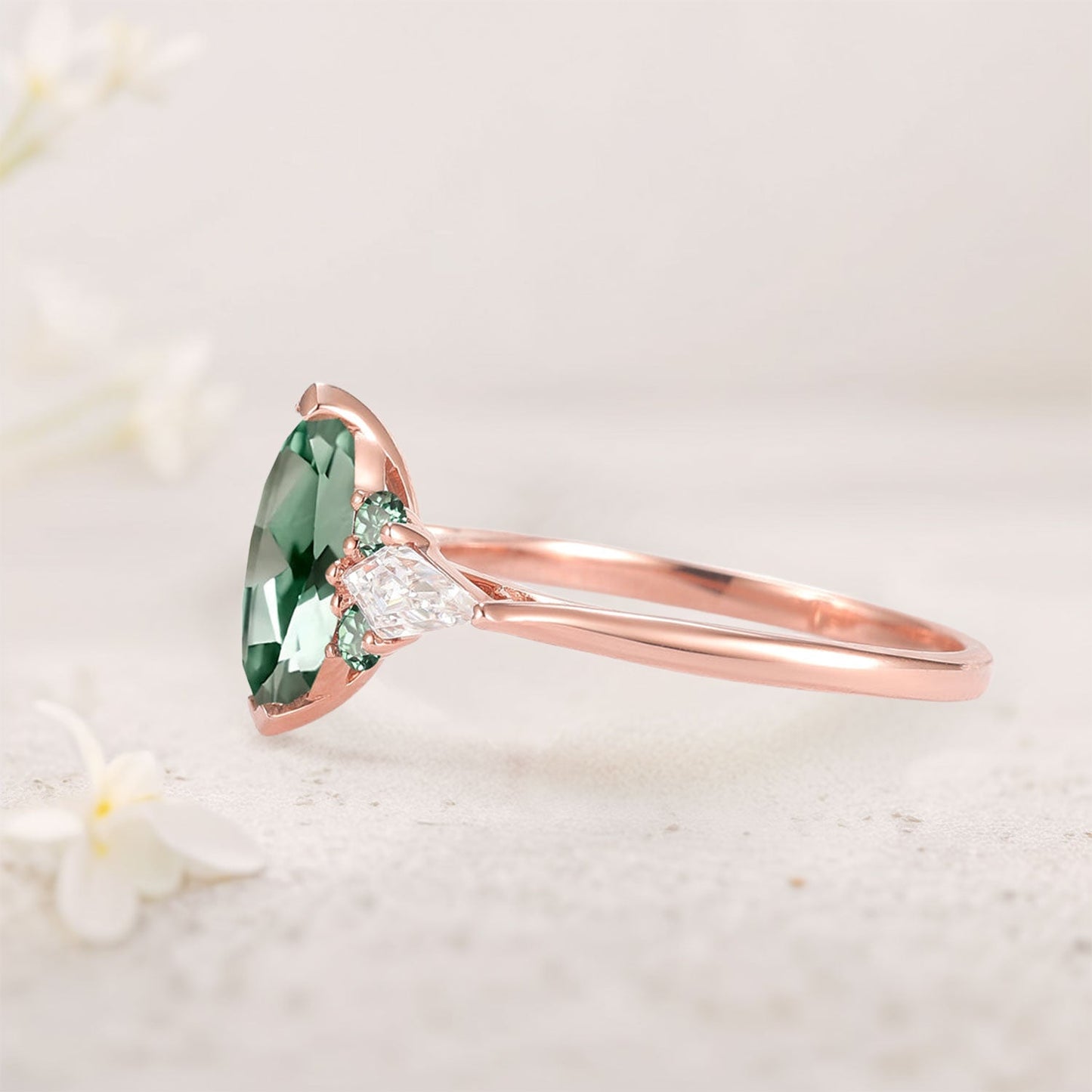 Unique Cluster Marquise Green Lab Sapphire Seven Gemstone Ring