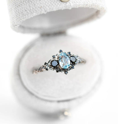 Unique Floral Rose Three Stone Oval Lab Topaz and Black Moissanite Ring