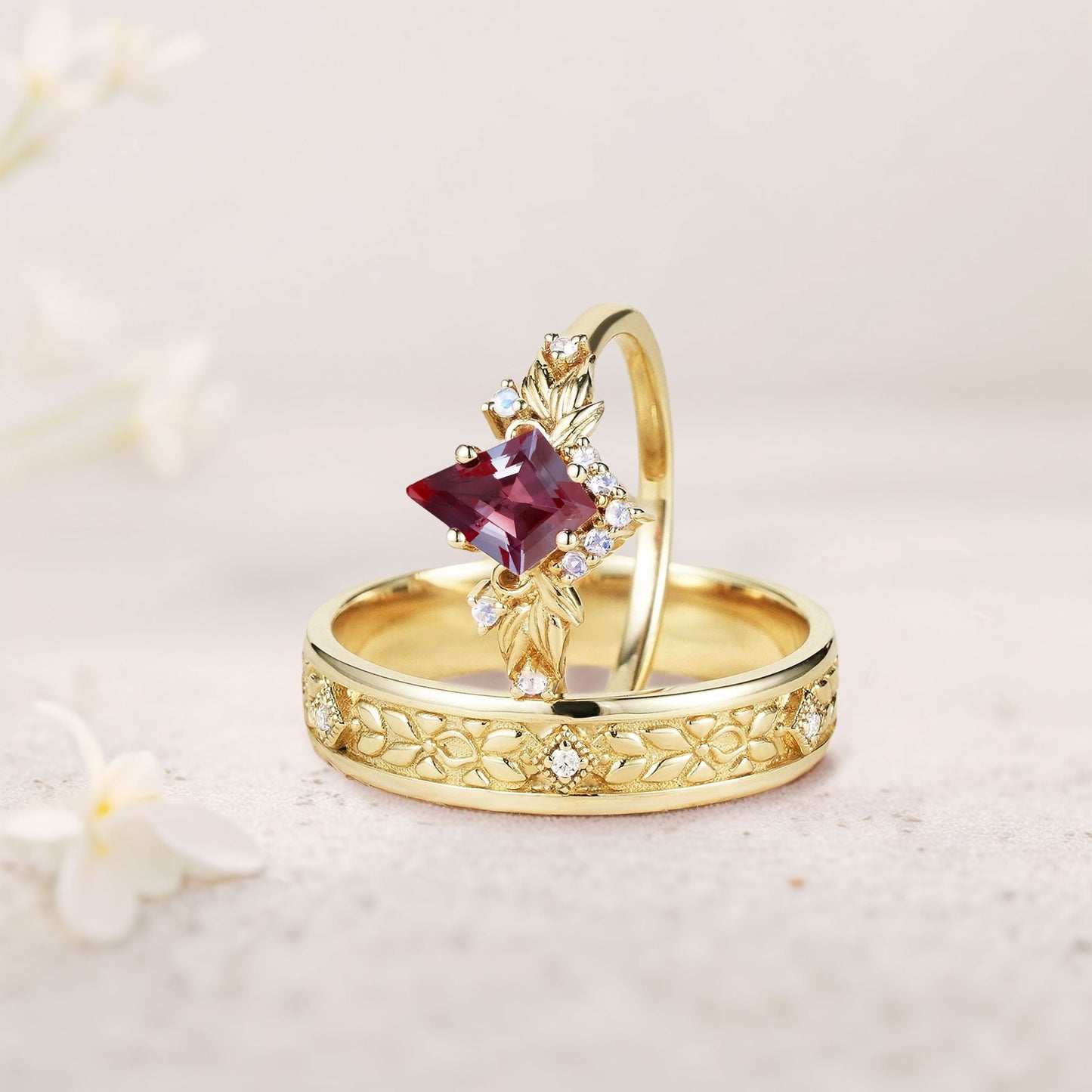 Vintage Kite Lab Alexandrite Promise Ring Engagement Ring Set for Couples