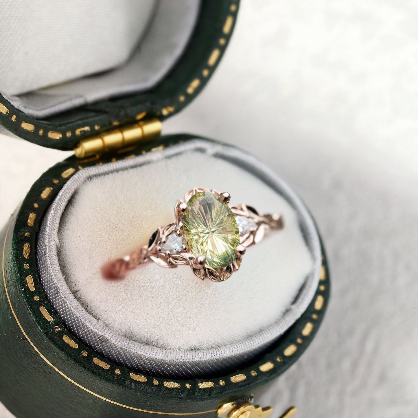 Unique Three Stone Starbrite Cut Oval Green Lab Sapphire Leafy Ring