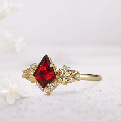 Unique Kite Lab Ruby and Lab Moonstone Cluster Leaf Ring