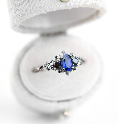Unique Floral Rose Three Stone Oval Lab Blue Sapphire and Black Moissanite Ring