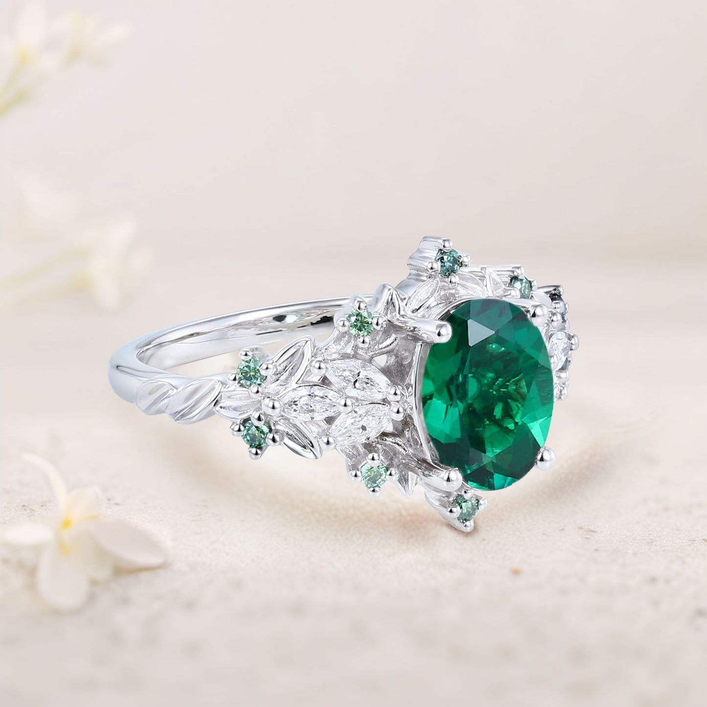 Unique Starlight Oval Lab Emerald Engagement Ring