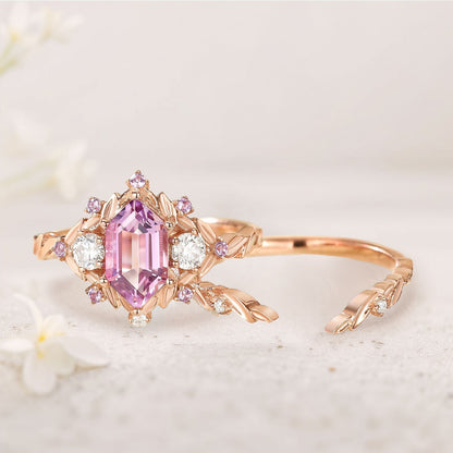 Unique floral engagement rings long hexagon Lab Padparadscha and amethyst cluster wedding ring set